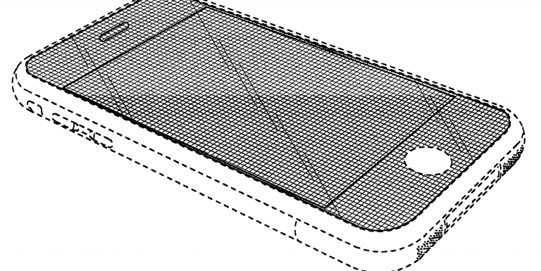 A line engineering drawing of a curved display iPhone.
