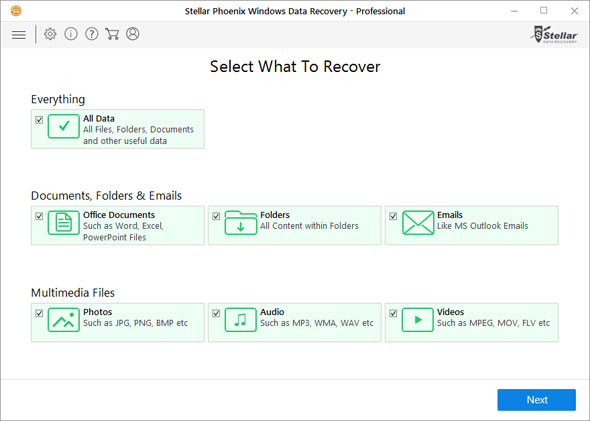 Screenshot of Stellar Phoenix Windows Data Recovery showing all its features and recovery options