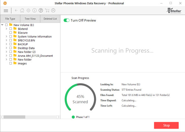 Screenshot of Stellar Phoenix Windows Data Recovery scanning for corrupted and deleted files
