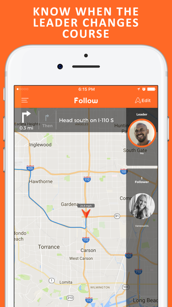 Image of Follow: Drive Together App Showing Key Functionality