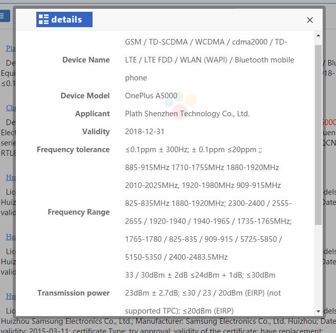 Image of the details that confirm the release of the OnePlus 5 modelled with the device number of "OnePlus A5000"