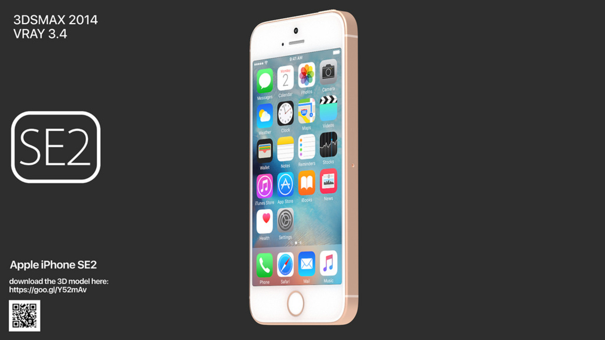 A 3D render of the iPhone SE 2