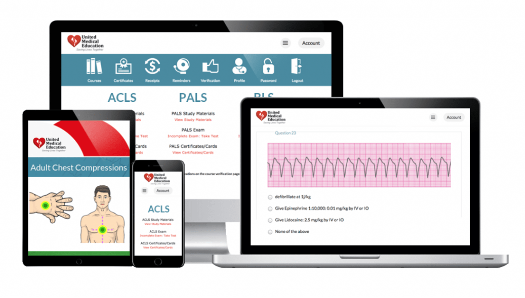 An image of the United Medical Education website on a mobile, laptop and monitor device.