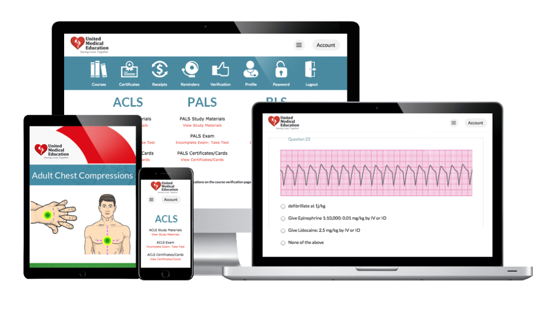 An image of the United Medical Education website on a mobile, laptop and monitor device.