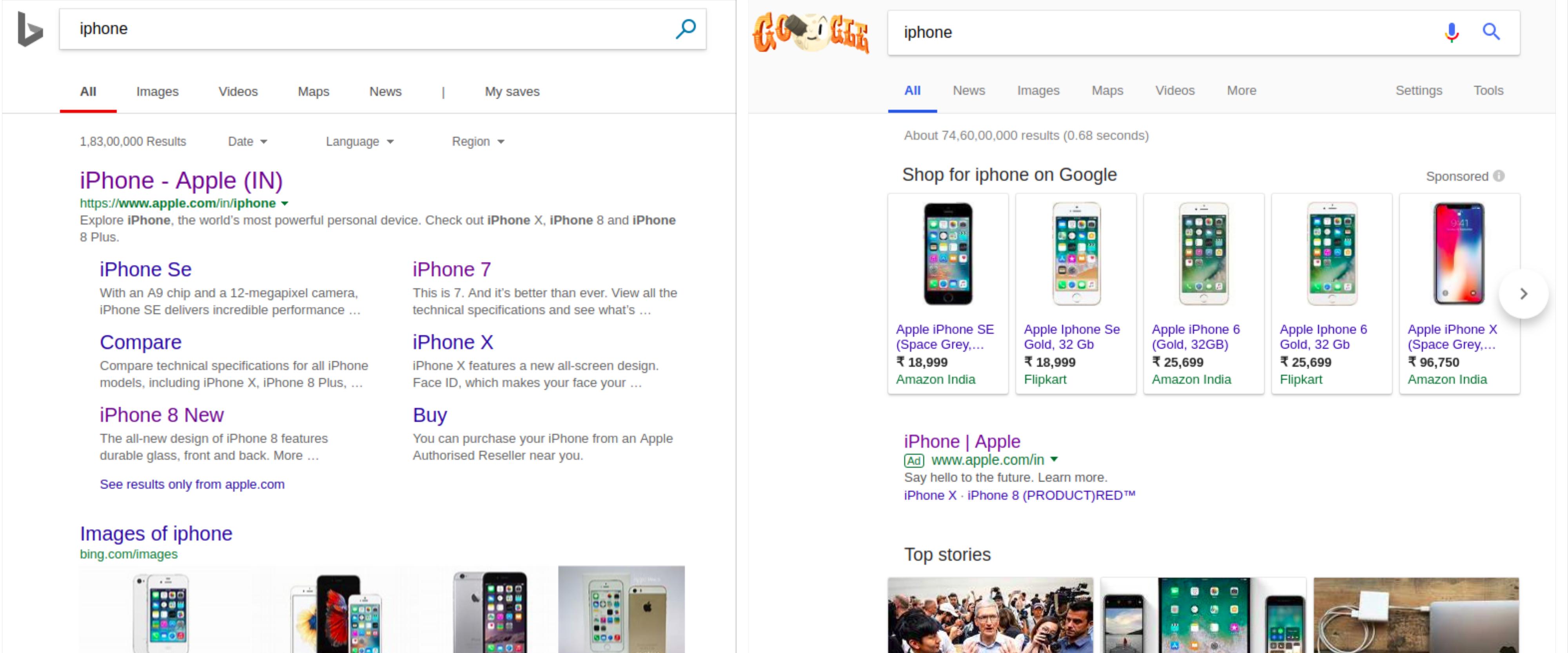 Bing on the left and Google on the right