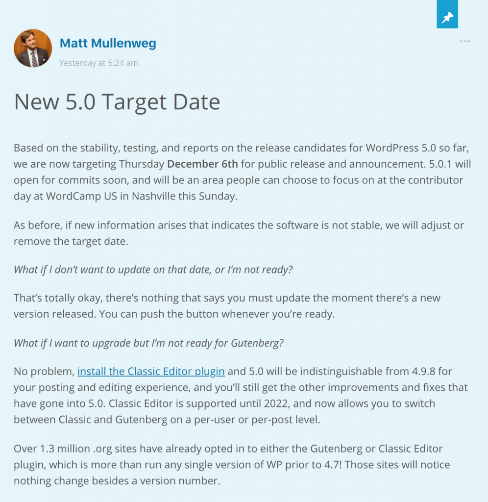 WordPress 5.0 Release Date Announcement by Matt Mullenweg