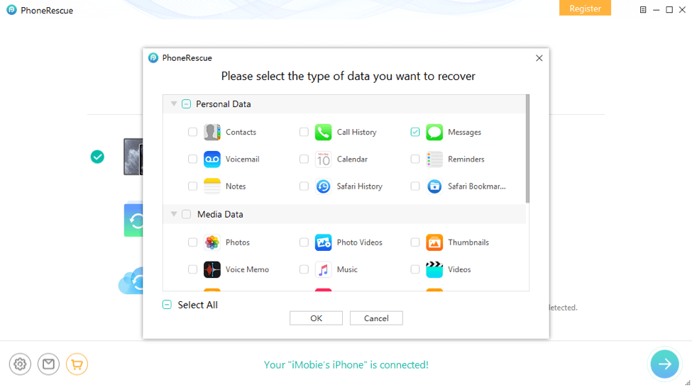 A screenshot of the PhoneRescure software with message selection.