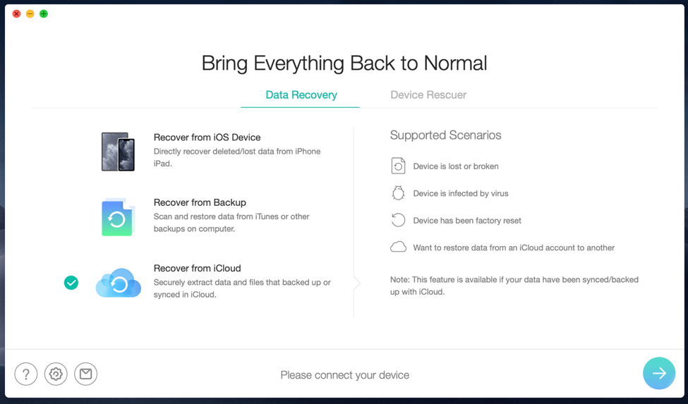 A screenshot of Recover from iCloud on the PhoneRescue software.
