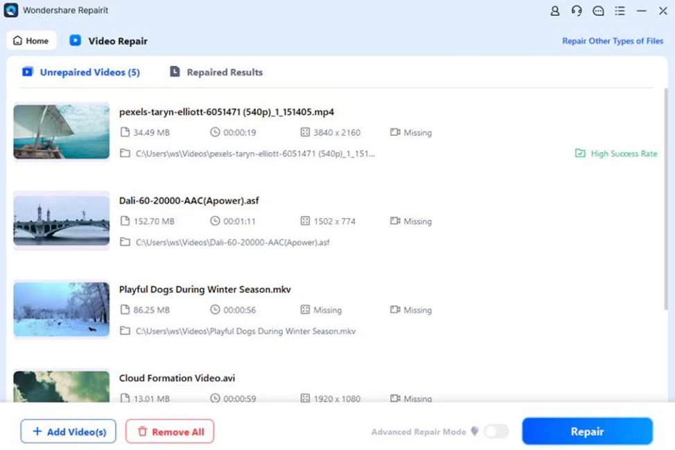 upload corrupted videos and hit repair