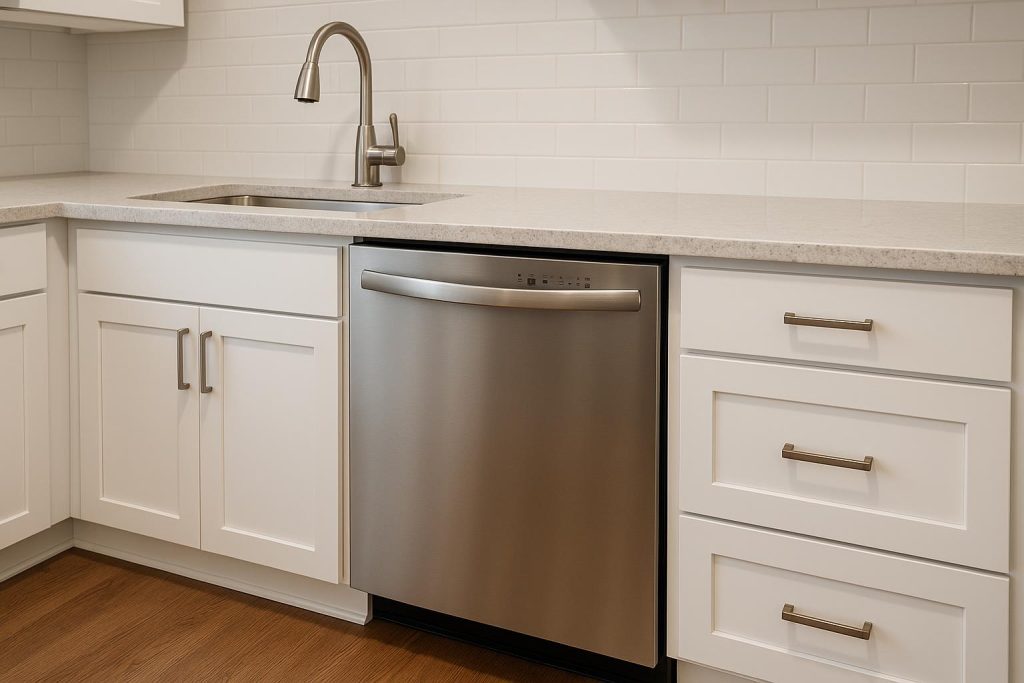 Modern condo kitchen with stainless steel dishwasher under counter and sleek cabinetry