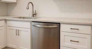Modern condo kitchen with stainless steel dishwasher under counter and sleek cabinetry