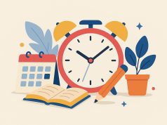 Colorful clock, school supplies, and planner illustrating effective time management for kids