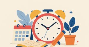 Colorful clock, school supplies, and planner illustrating effective time management for kids