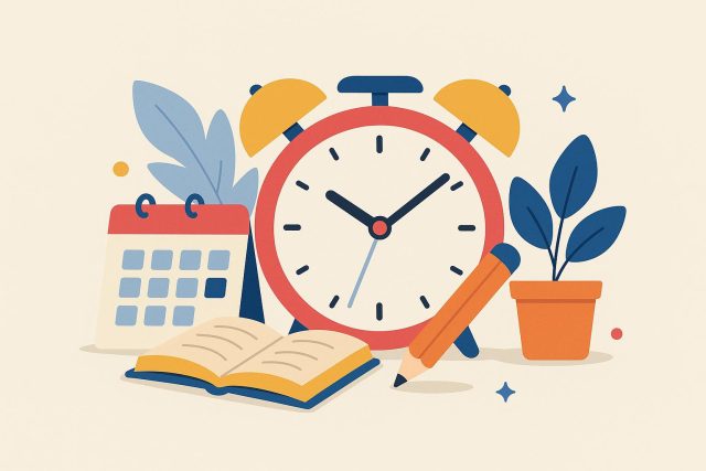 Colorful clock, school supplies, and planner illustrating effective time management for kids
