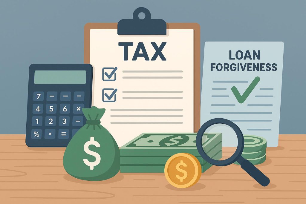 Tax documents, calculator, and loan agreement illustrating tax implications of loan forgiveness