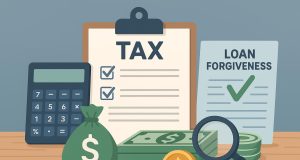 Tax documents, calculator, and loan agreement illustrating tax implications of loan forgiveness