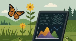 Biologists analyzing field data with machine learning tools for advanced research insights