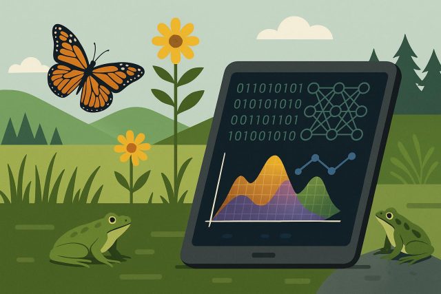 Biologists analyzing field data with machine learning tools for advanced research insights