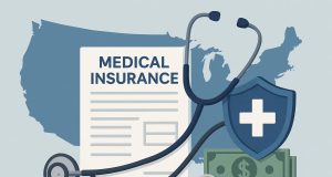 United States health insurance concepts with medical documents and stethoscope on desk