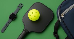 Pickleball paddle, court, and athletic shoes highlighting essential gear for improved performance