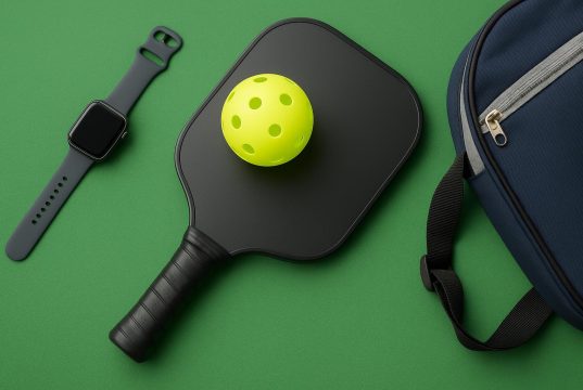 Pickleball paddle, court, and athletic shoes highlighting essential gear for improved performance