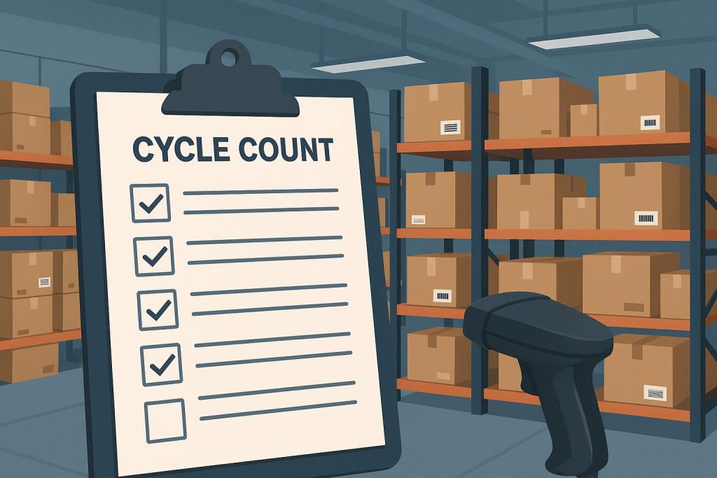 Warehouse worker performing cycle count inventory check among organized shelves and storage boxes