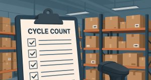 Warehouse worker performing cycle count inventory check among organized shelves and storage boxes