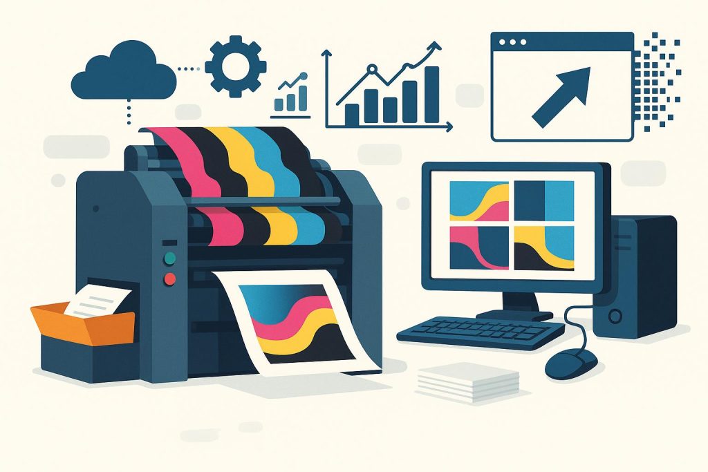 Modern printing press with advanced digital displays demonstrating innovative print technology