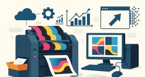 Modern printing press with advanced digital displays demonstrating innovative print technology