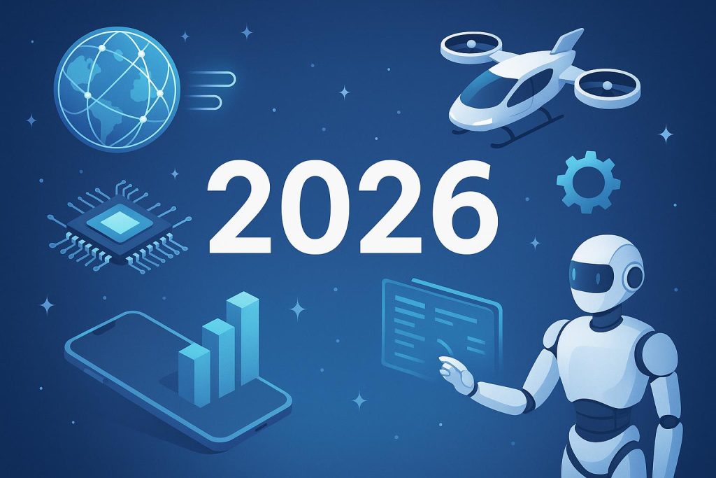 Futuristic digital devices and AI technology illustrating upcoming tech trends and innovations