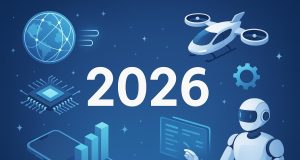 Futuristic digital devices and AI technology illustrating upcoming tech trends and innovations