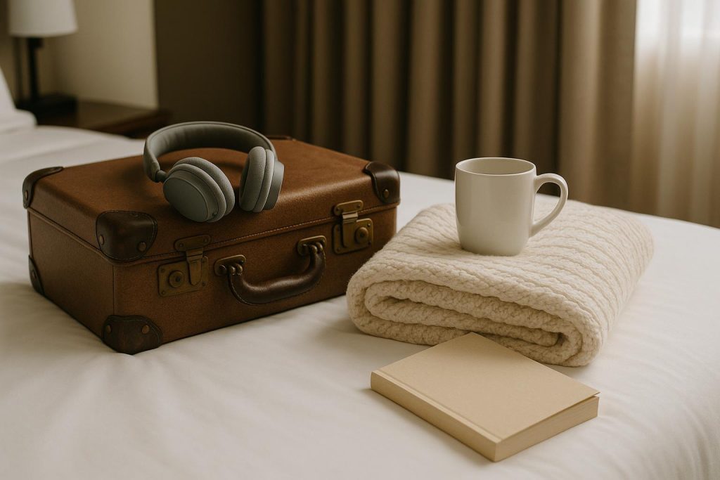 Cozy travel essentials arranged in a suitcase for a comfortable home-like travel experience