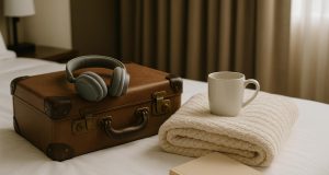 Cozy travel essentials arranged in a suitcase for a comfortable home-like travel experience