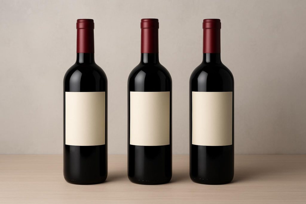 Branded wine bottles with consistent packaging design on a shelf for brand recognition