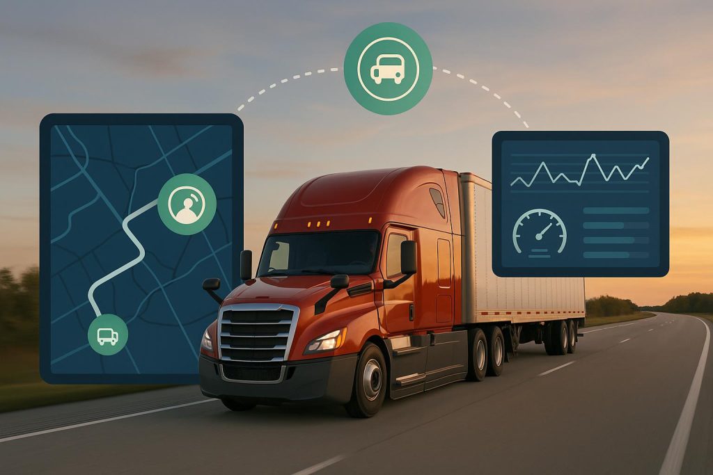 GPS fleet tracking dashboard showing delivery trucks on map, highlighting efficiency and safety