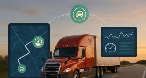 GPS fleet tracking dashboard showing delivery trucks on map, highlighting efficiency and safety