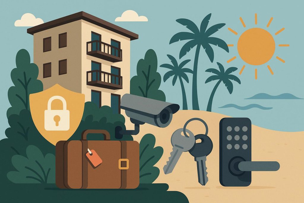 Condo door with secure lock and security camera, highlighting vacation safety and protection tips