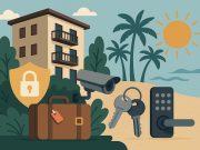 Condo door with secure lock and security camera, highlighting vacation safety and protection tips