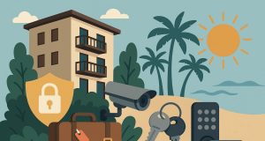Condo door with secure lock and security camera, highlighting vacation safety and protection tips