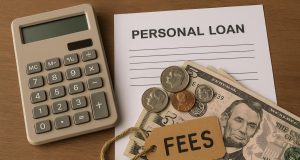 Personal loan application form with hidden fees highlighted and financial documents on a desk
