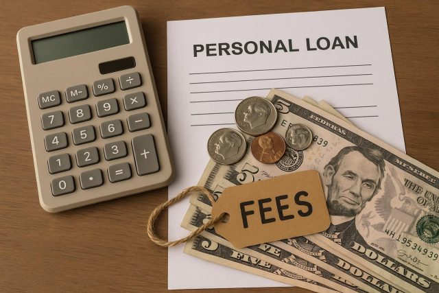 Common Personal Loan Fees to Watch Out For Personal loan application form with hidden fees highlighted and financial documents on a desk