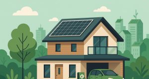 Modern eco-friendly home with solar panels and sustainable landscaping reflecting green real estate trends