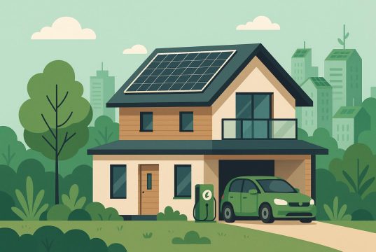 Modern eco-friendly home with solar panels and sustainable landscaping reflecting green real estate trends