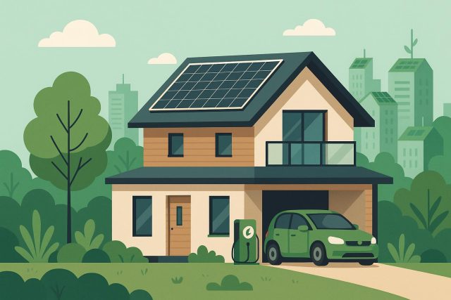 Modern eco-friendly home with solar panels and sustainable landscaping reflecting green real estate trends