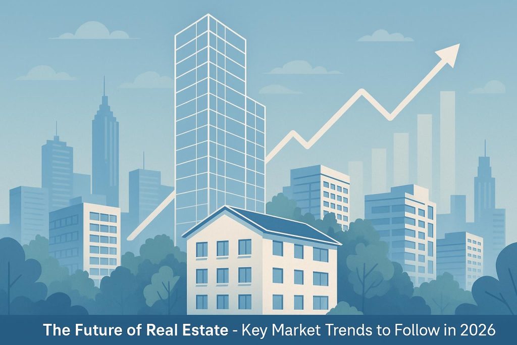 Modern city skyline with futuristic buildings highlighting upcoming real estate market trends