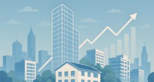 Modern city skyline with futuristic buildings highlighting upcoming real estate market trends