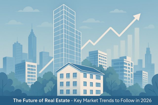 Modern city skyline with futuristic buildings highlighting upcoming real estate market trends