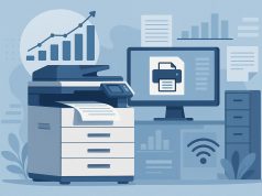 Modern office printers and documents highlighting managed print services in business environments