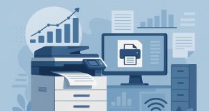 Modern office printers and documents highlighting managed print services in business environments