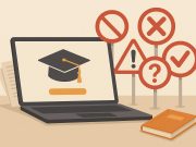 Laptop with graduation cap, diploma, and books representing online degree selection mistakes